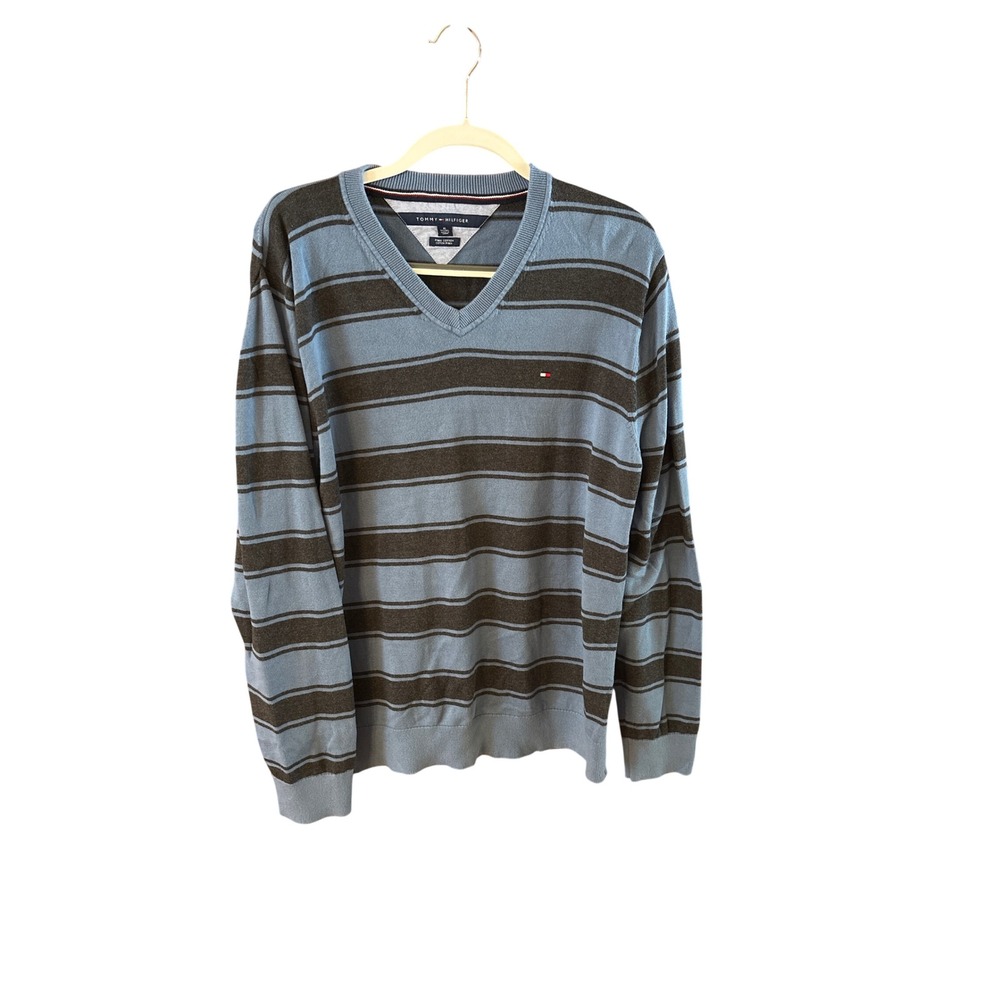 Tommy Hilfiger Mens XL Pima Cotton V-Neck Striped Sweater Blue Brown Knit